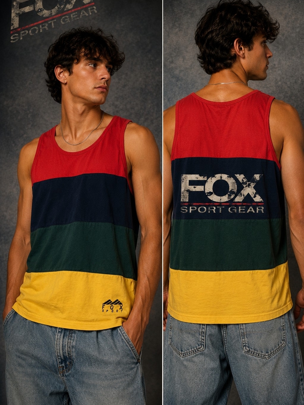 VINTAGE FOX SPORT GEAR Men's Colorblock Tank Top in Red/Blue/Green/Yellow